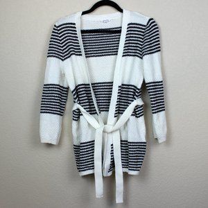 Westport Black and White Stripe Knit Belted Cardigan size Petite XS